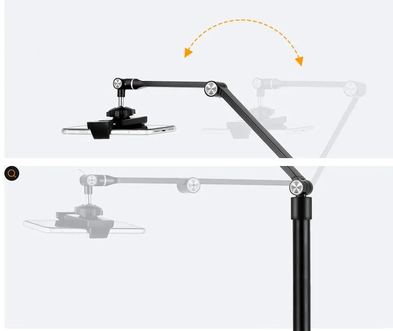 Black mobile phone tablet stand with fill light and rotation mechanism for floor placement