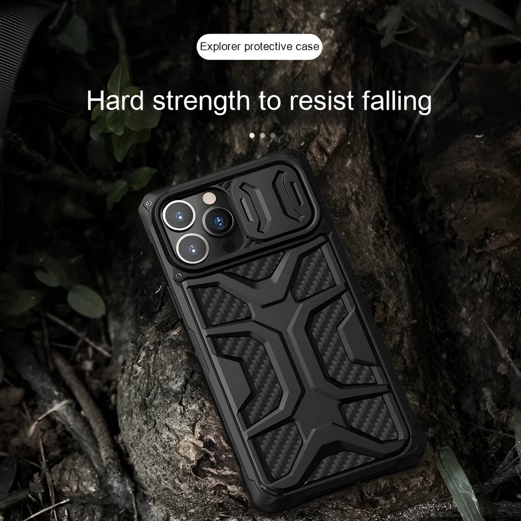 Lens slide cover phone case for iPhone 13 and iPhone 13 Pro in red, blue, or black, made from TPU and PC.