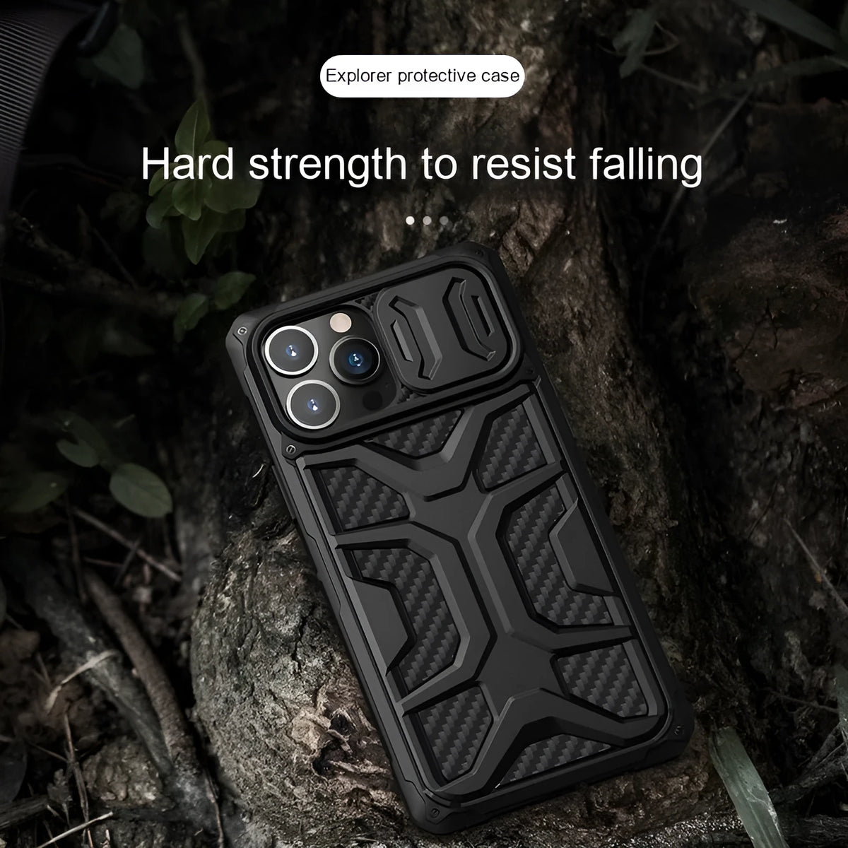 Lens slide cover phone case for iPhone 13 and iPhone 13 Pro in red, blue, or black, made from TPU and PC.
