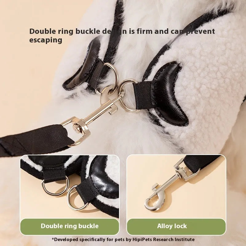 Animal-shaped lambswool dog lead and chest back set with hand-holding rope in pink or white panda and bear designs