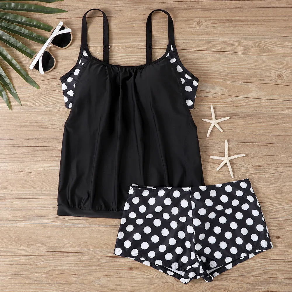 Women's polka dot print boxer swimsuit set with high-waisted brief pants