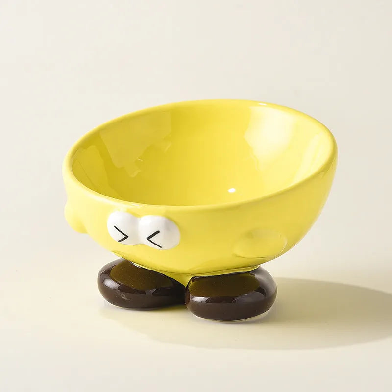 Ceramic slanted pet bowl in blue colour showing oblique design for neck support during feeding