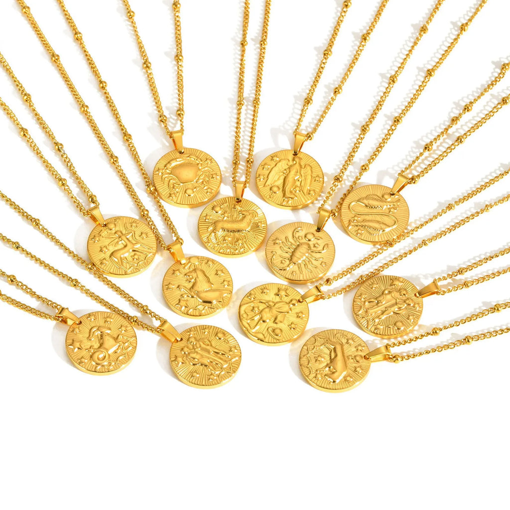 Stainless steel zodiac constellation necklace with twelve charm pendants on cross chain