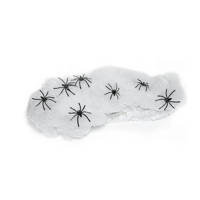 Cotton spider web Halloween decoration set with artificial spiders on dark background
