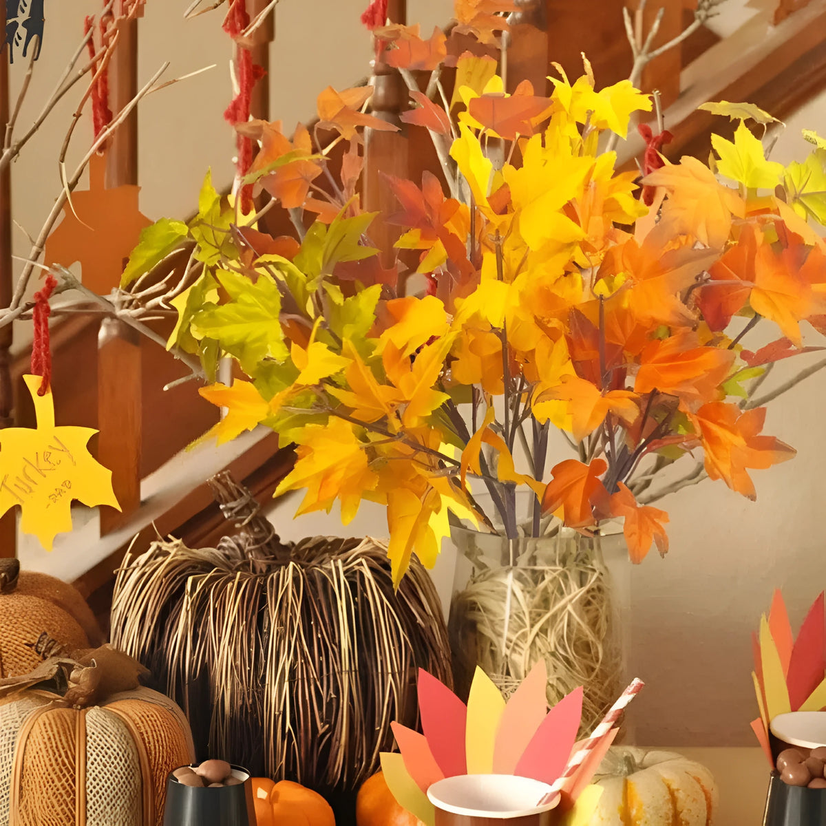 39cm artificial maple leaf stem in autumn brown, orange, green or yellow for indoor flower arrangements