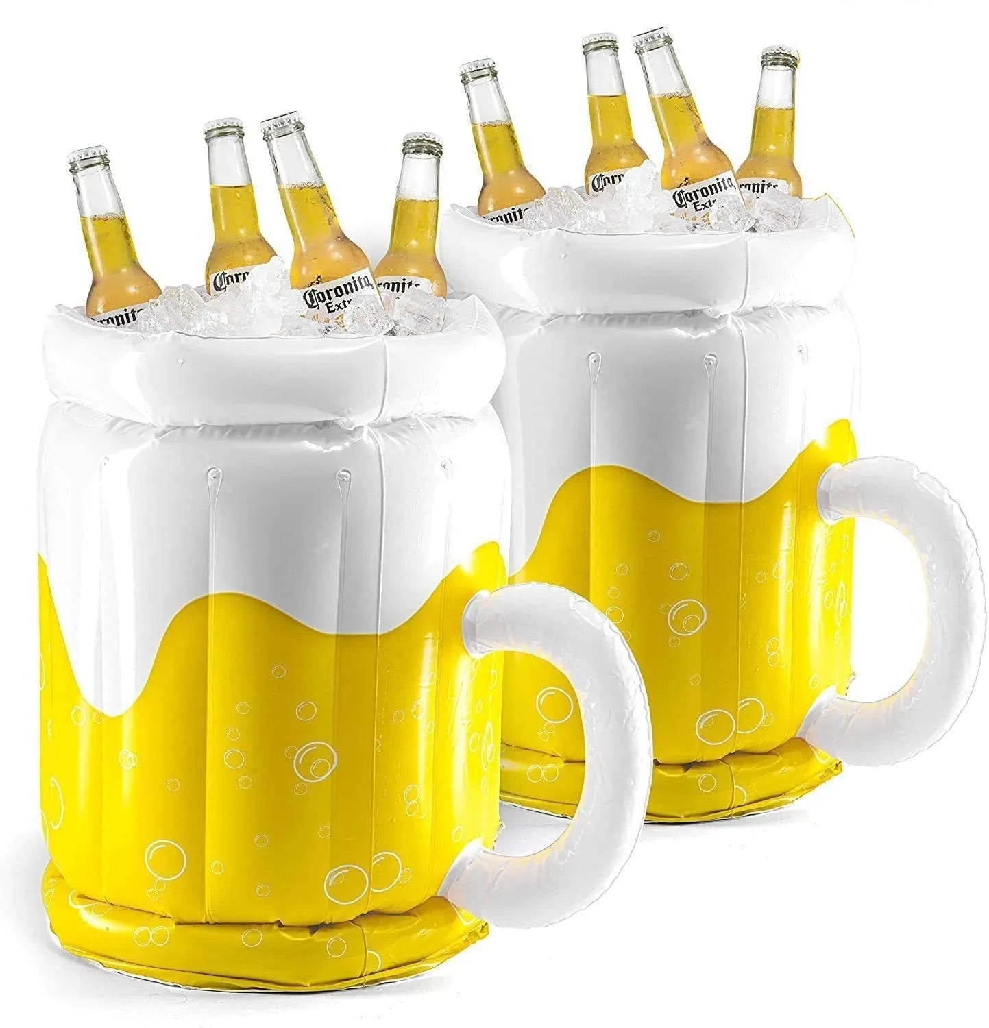 Yellow PVC inflatable beer mug shaped pool float cooler with drink holders