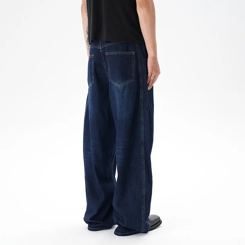 Washed distressed dark blue wide leg women's jeans with loose fit and denim fabric