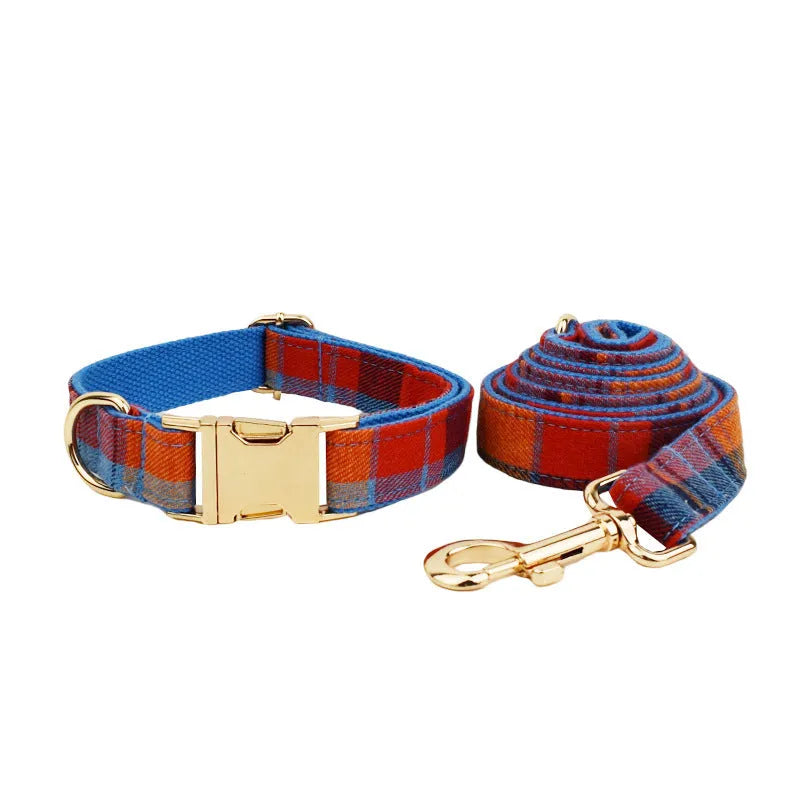 Blue velvet plaid patterned dog collar and matching lead set with an optional decorative bow.