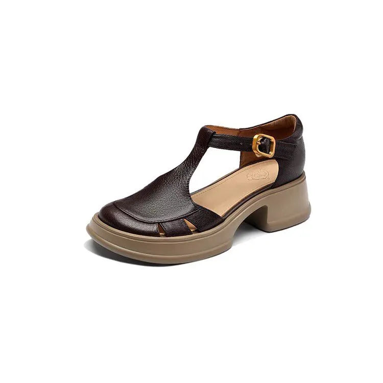 Women's retro chunky platform ankle-strap high heels in beige or dark brown, mid 3-6cm heel, sizes 35-39