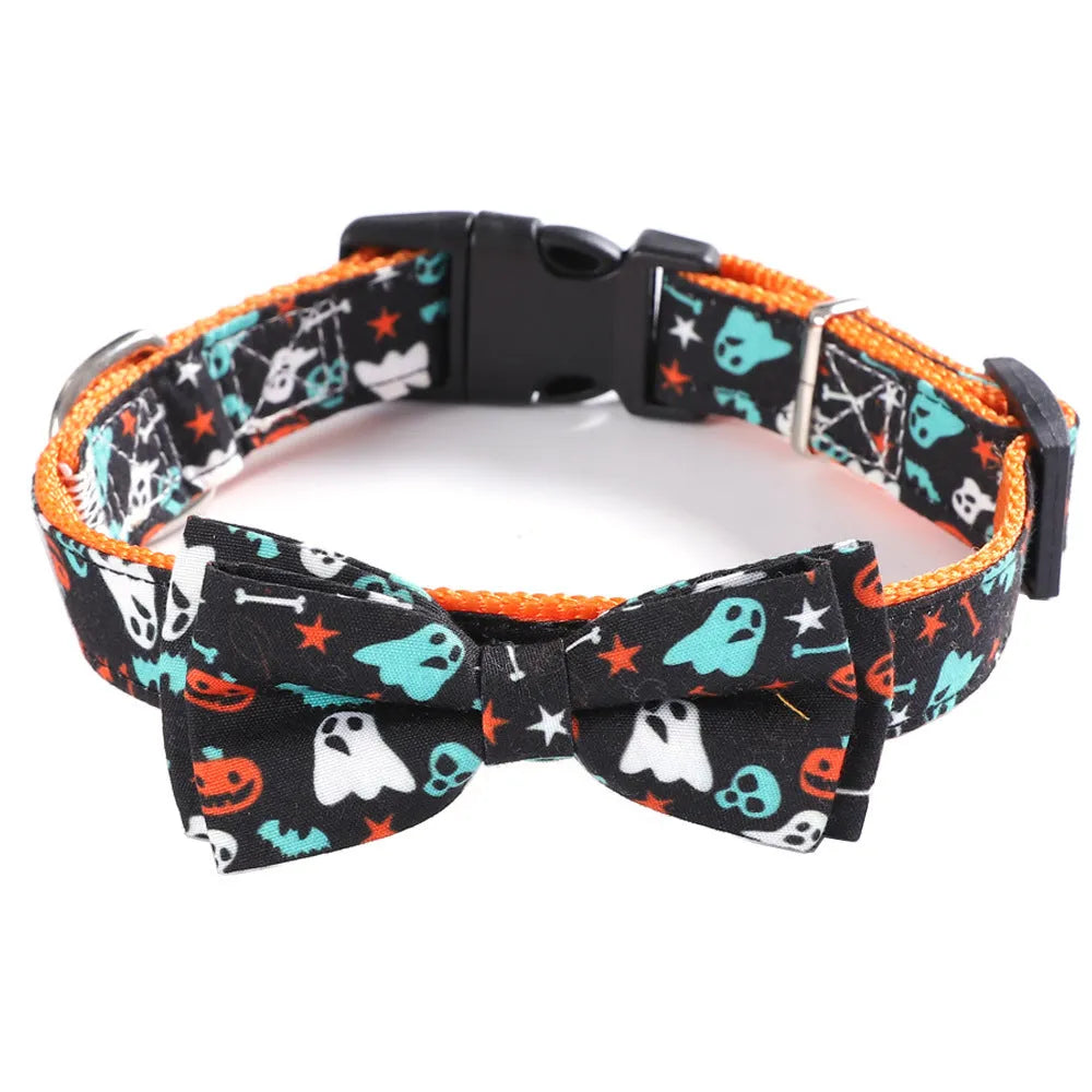 Geometric polyester cat collar in black ghost, yellow pumpkin, and black skull, sizes XS to L
