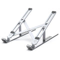 Silver aluminium alloy adjustable laptop stand on a desk with a notebook on top