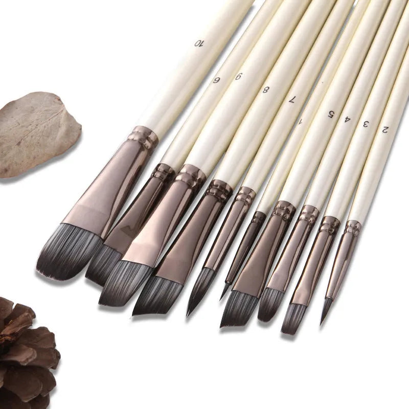 Set of 10 pearl white nylon paintbrushes with wooden handles for oil painting.