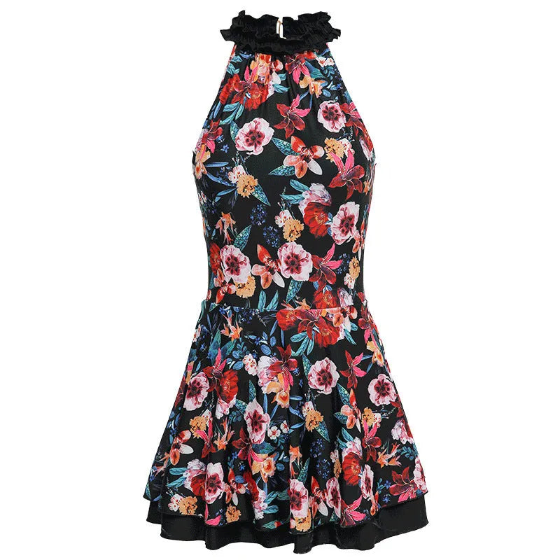 Sanqi black printed conservative one-piece swimsuit for women on mannequin