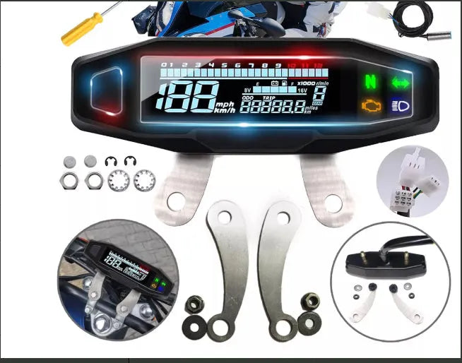 Motorcycle universal speedometer suit with black casing and clear display for speed reading