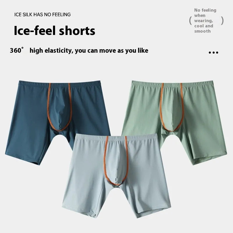 Men's ice silk boxers in multiple colours showing mid-waist fit and U-convex pouch design.