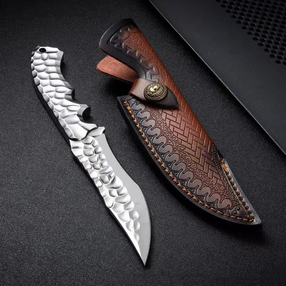 One-piece keel outdoor survival knife with 260mm full length, 140mm 5CR13 steel blade, and leather or K sheath