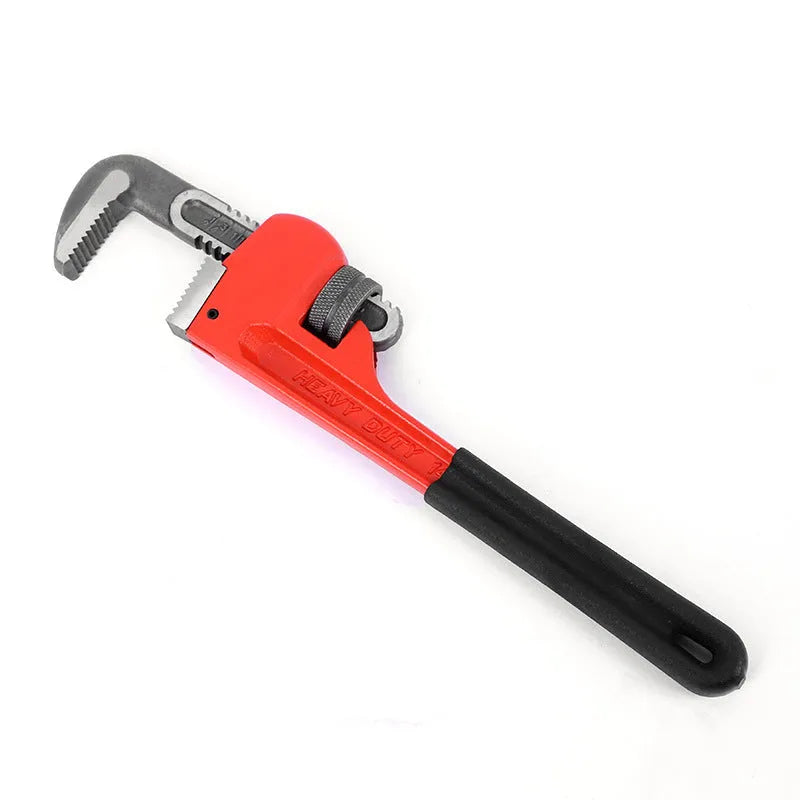 Heavy pipe tongs 45# steel water pipe pliers with black handle and silver jaw on white background