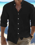 Men's long-staple cotton button beach shirt shown in light blue, sizes S to 5XL.