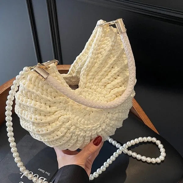 Women's handmade woven cloth bag with double straps and phone compartment in European American retro style