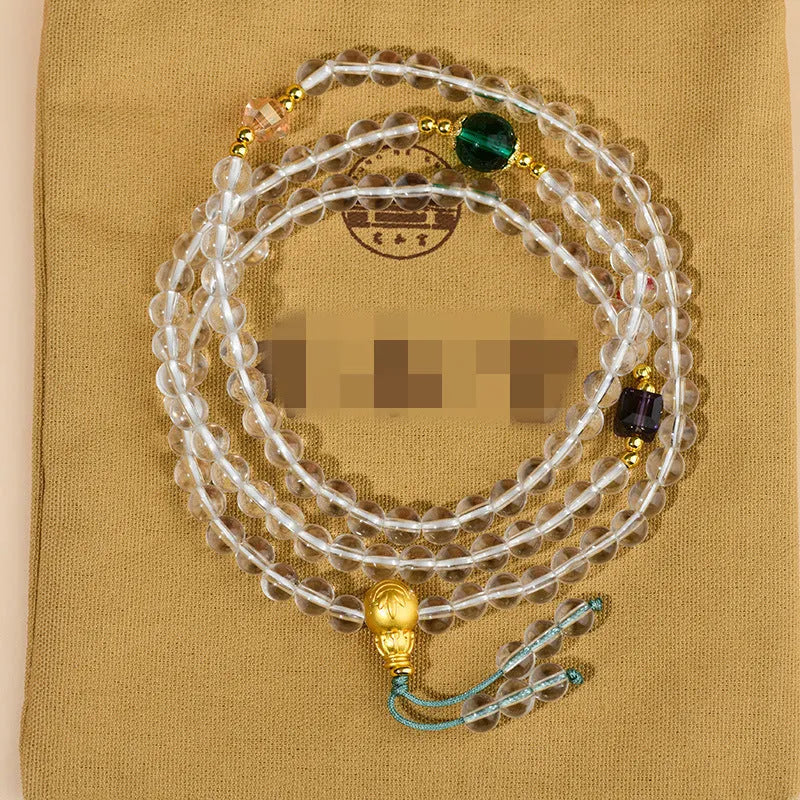 White crystal 108-bead rosary bracelet necklace with geometric beads in ethnic style