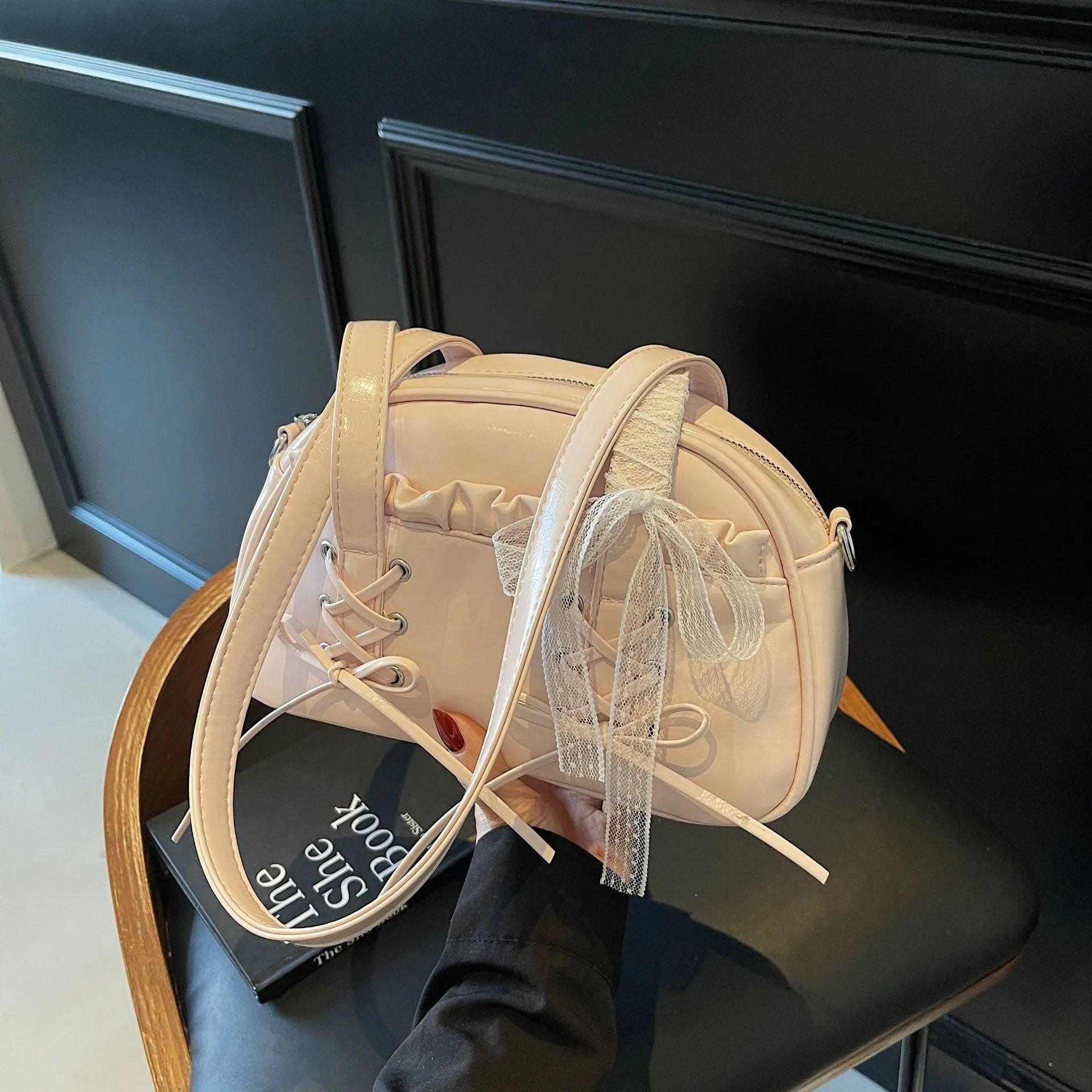 Milky White women's casual shoulder handbag with a bandage bow and sewing thread detail.