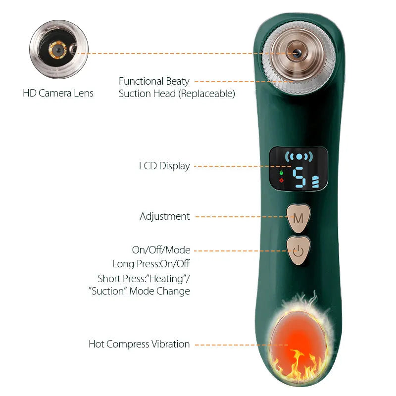 Green heating blackhead instrument with hot compress mode and app control on a white background