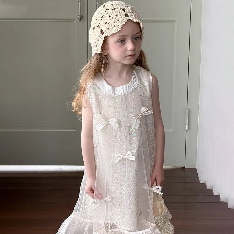 Girls super fairy bow sequins princess dress in beige, cotton-lined summer dress for children 90-130cm