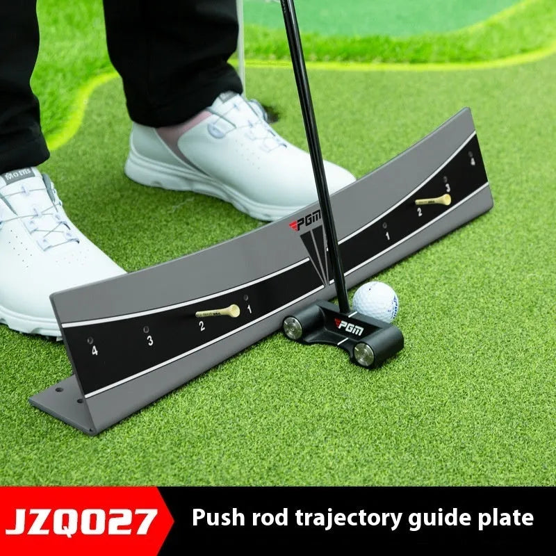 Adjustable golf putter trajectory balance simulator made from white PVC on a green mat.