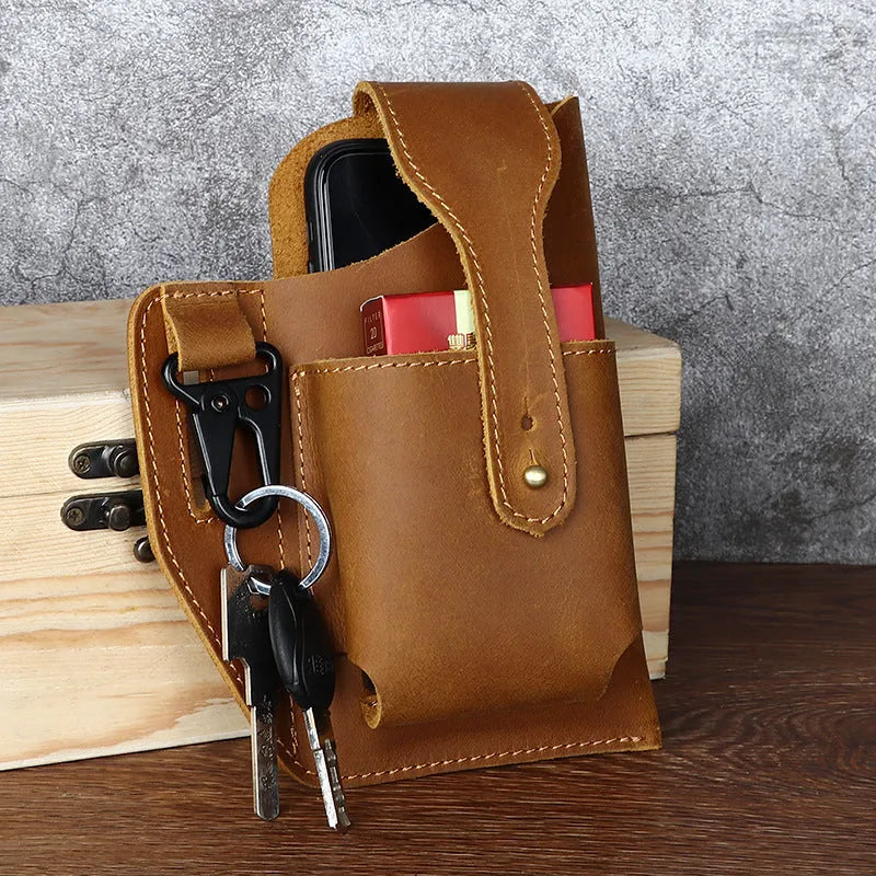Retro leather phone hanging belt bag in brown with car suture detailing and cover opening