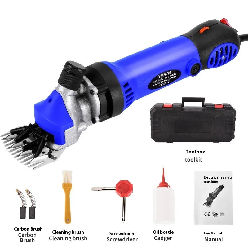 Yellow electric wool shears with 110V plug and multiple blade sets including straight and curved knives