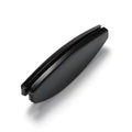 Black folding presbyopic glasses with metal frame and ring detailing shown open and folded