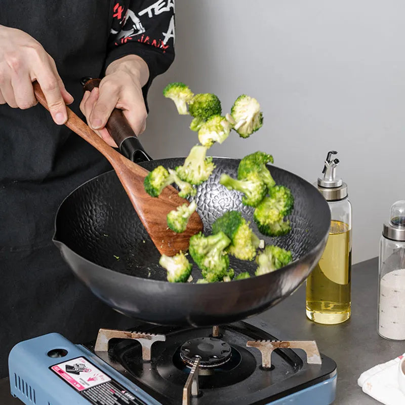 Traditional black iron wok with wooden handle, 40cm diameter with induction-compatible base