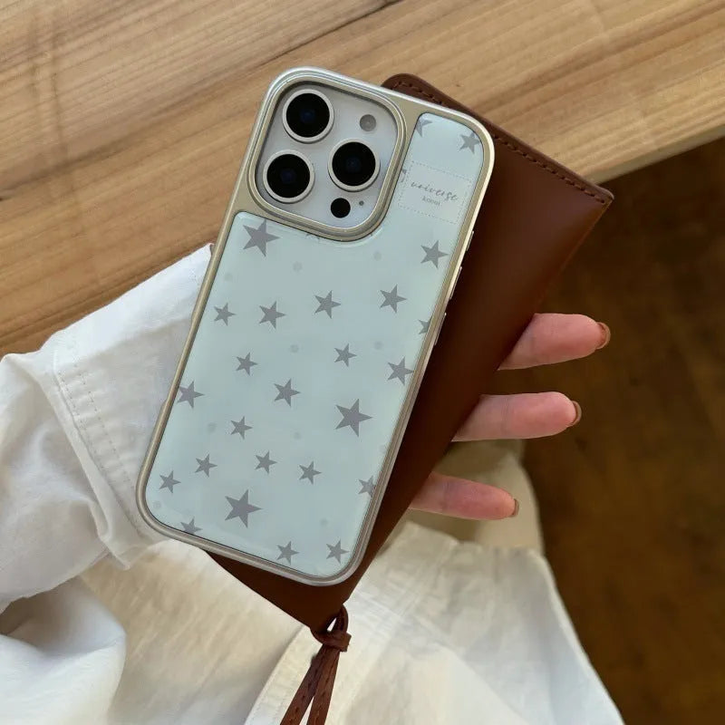 Blue epoxy phone case with five-pointed star pattern and electroplated silver edge for iPhone 15 Pro Max