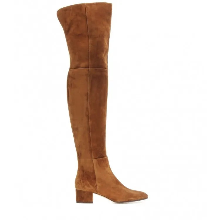 Grey women's suede over-the-knee boots with a flat thick heel and pointed toe.