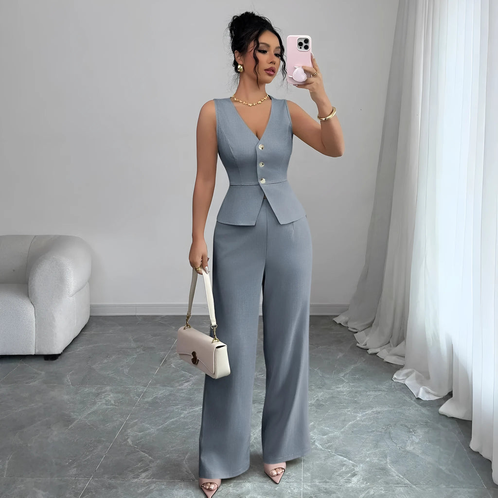 Women's casual two-piece set with sleeveless vest and high-waist trousers in solid colours