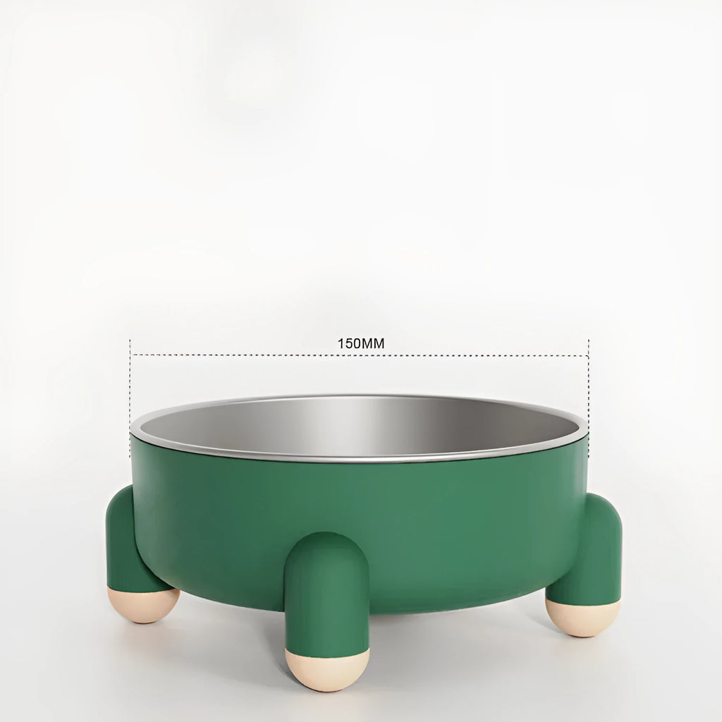 Stainless steel pet bowl with non-slip base and high foot in pink, green, or white colour.