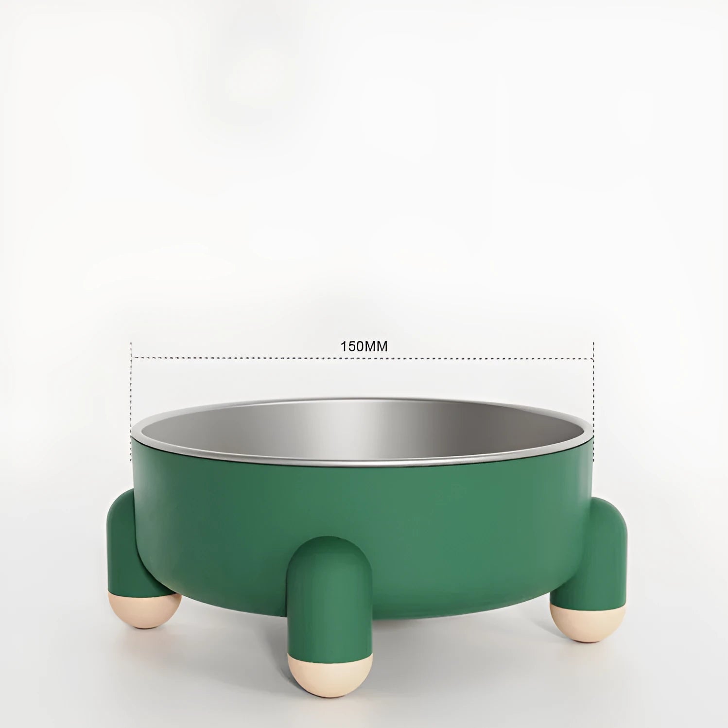 Stainless steel pet bowl with non-slip base and high foot in pink, green, or white colour.