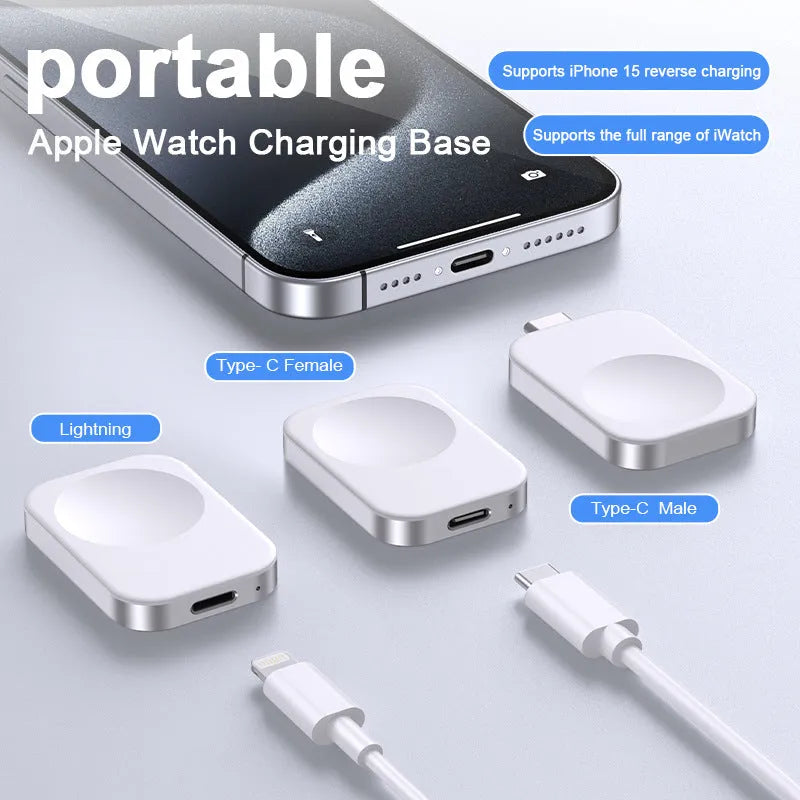Portable three-in-one magnetic wireless charger with aluminium alloy ring showing detachable cables