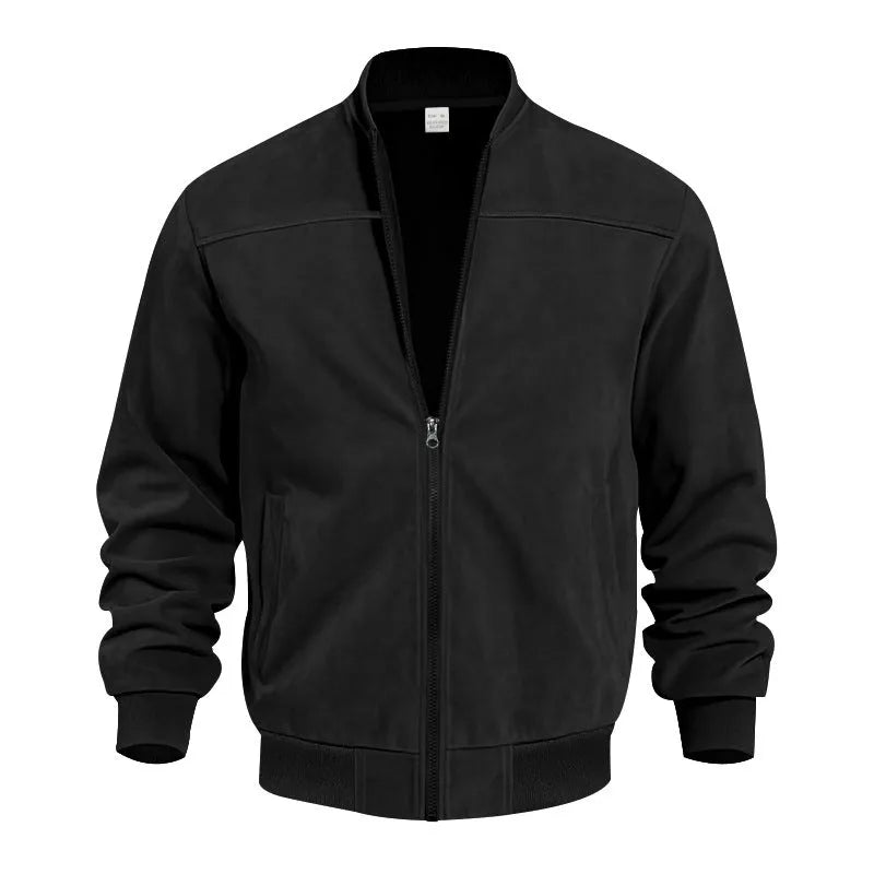 Men's plus size suede-look zip-up casual jacket in army green shown on a model.
