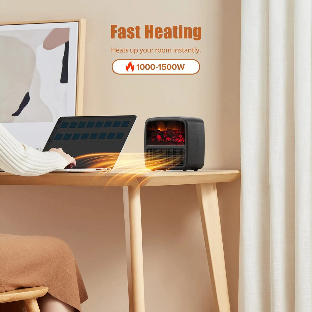 Black or white desktop electric space heater, 220x220x150mm, with ceramic heating, 1000-1500W power, and LED flame effect.