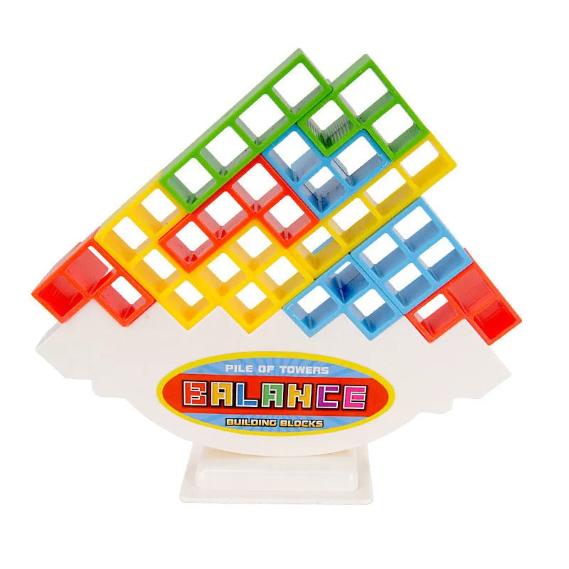 Plastic balance stacking game with colourful blocks on a chassis