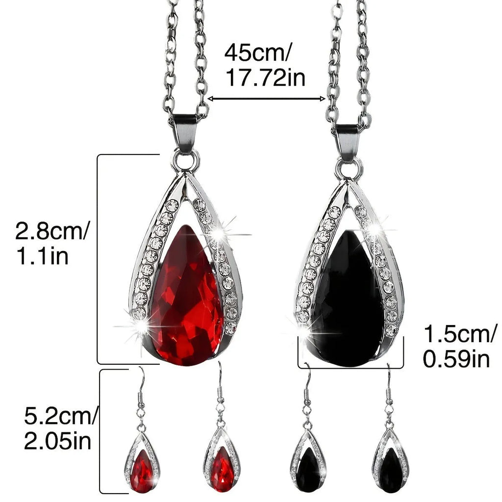 Black and red teardrop glass pendant necklace and matching alloy earrings set.