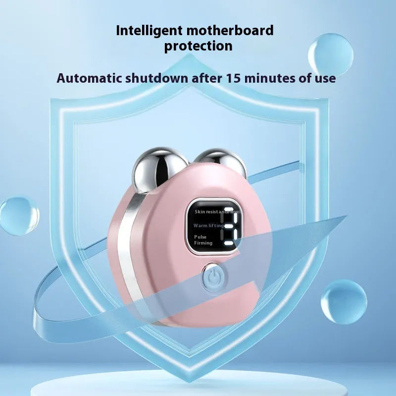 Portable white facial massage instrument with double-roller head and charging cable.