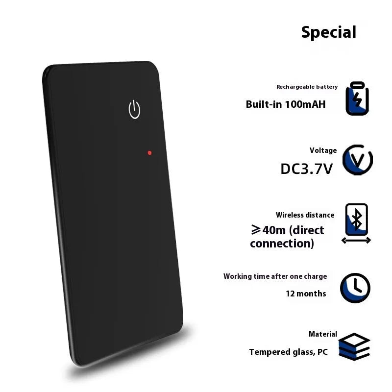 Black card-shaped pet tracking device with wireless charging and NFC capabilities
