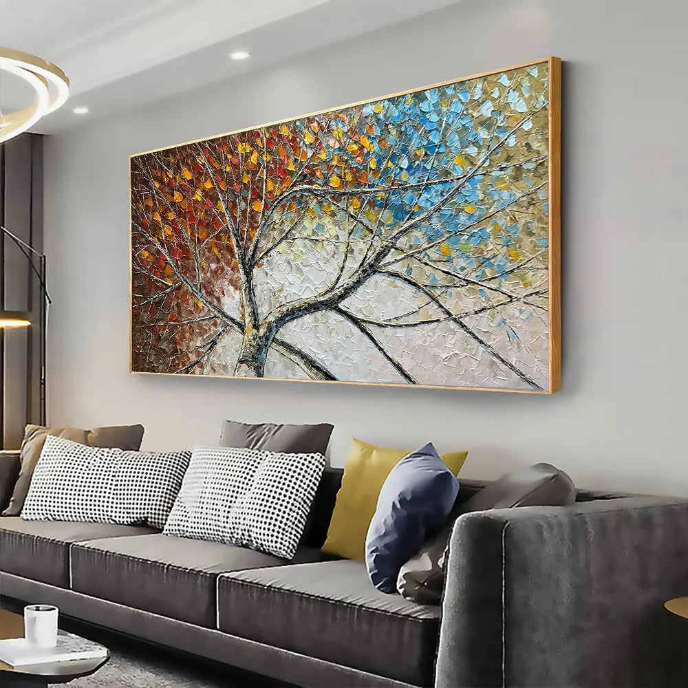 Handpainted palette knife oil painting of a modern abstract fortune tree landscape on canvas