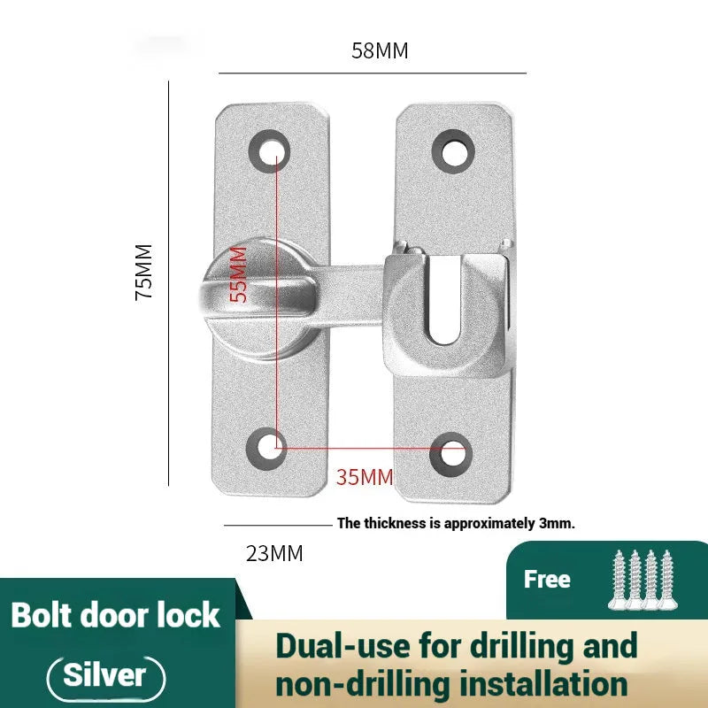 Aluminum alloy punch-free door latch shown in silver finish with screws, positioned at 90-degree angle