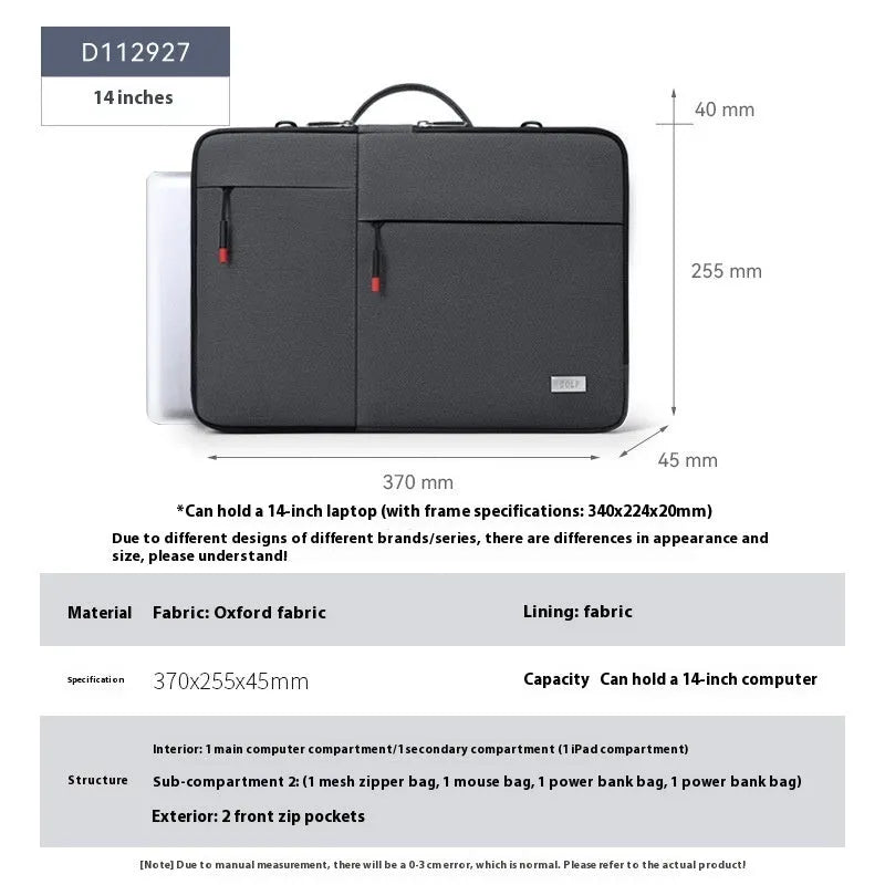 Men's 14-inch laptop sleeve bag in Oxford fabric, lightweight and shockproof, Dark Gray colour