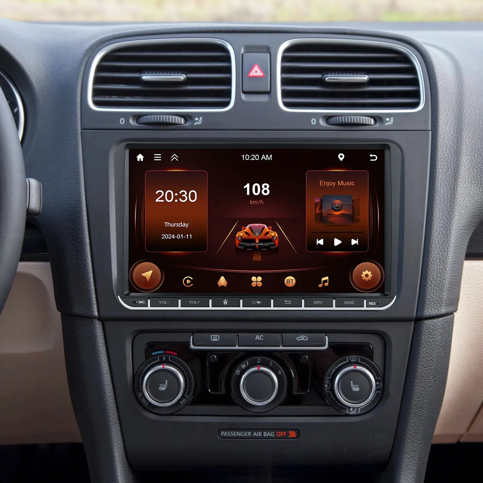 7-inch touchscreen Android car stereo for Volkswagen with wireless CarPlay displayed.