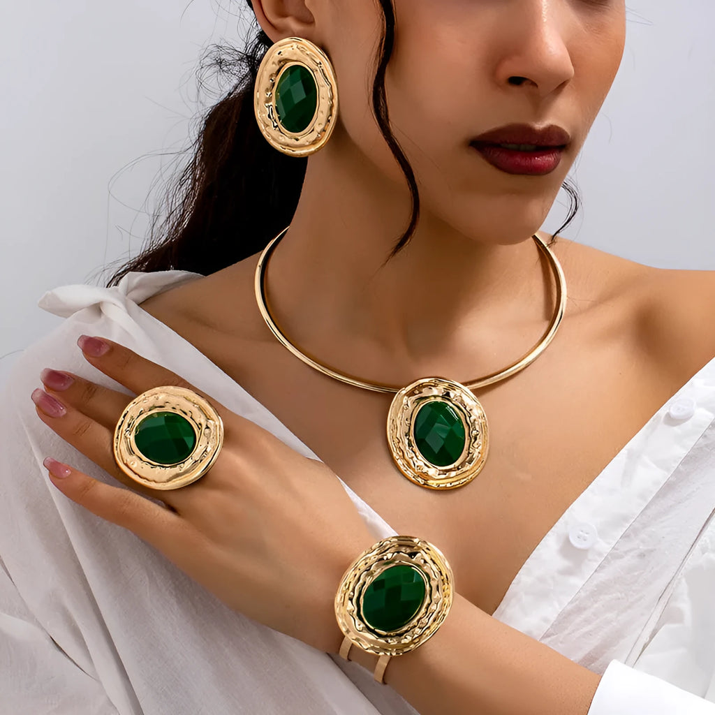 Alloy geometry jewellery set with necklace, earrings, ring, and bracelet in T651 suit colour