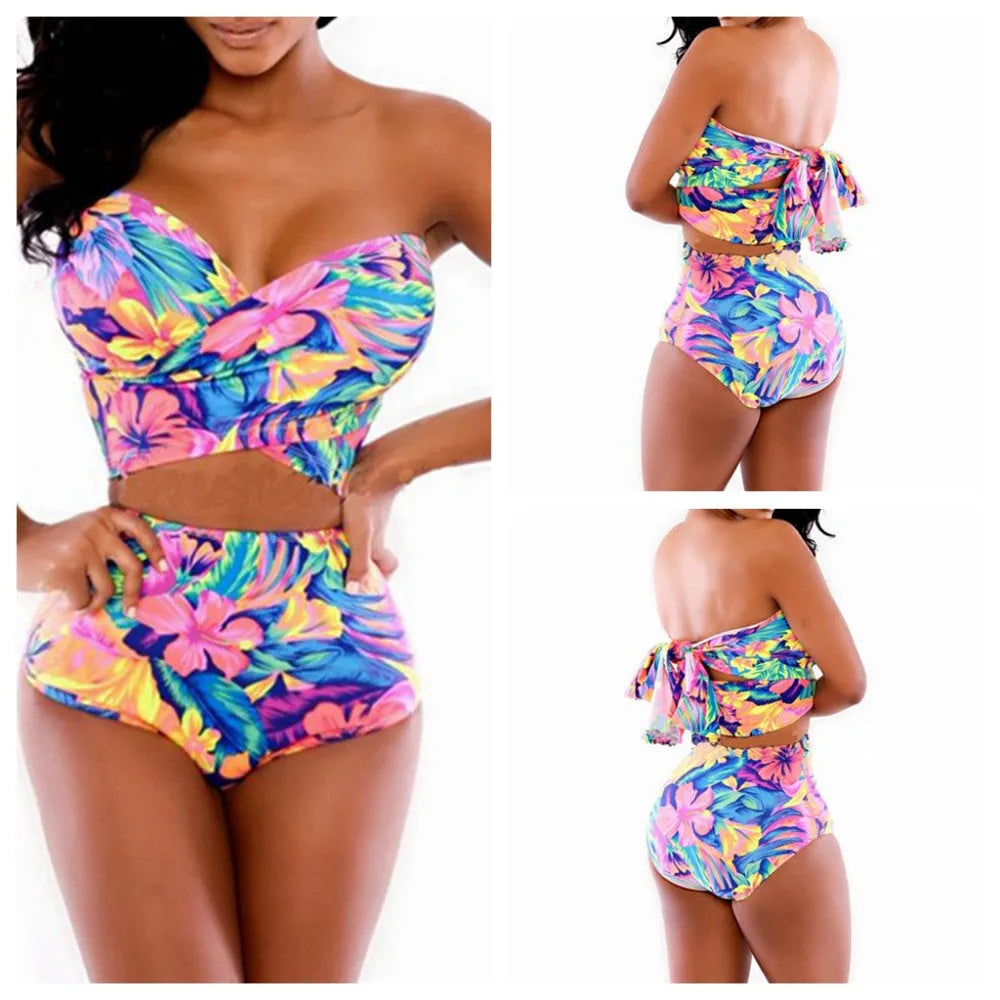 Red printed swimsuit two-piece with chest wrap top and matching pants